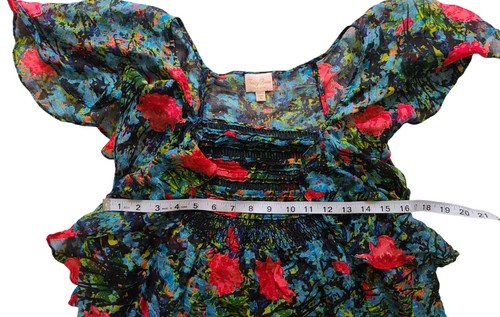 Blusa para mujer Tracy Reese M oscura floral mezcla de lino transparente ilusión aleteo top - Imagen 9 de 11