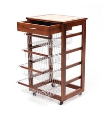 CARRELLO PORTA PANE CON CASSETTO 4 CESTI PORTAFRUTTA LEGNO MASSELLO MADE ITALY