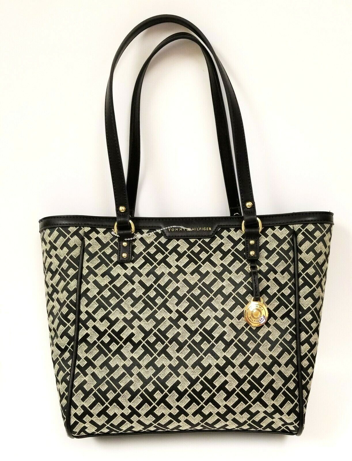 Nuovo Tommy Hilfiger Nero + Beige, Oro Accent, Firma Jacquard Borsa Shopping