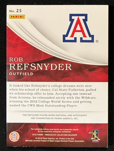 ROB REFSNYDER ARIZONA WILDCATS 2016 PANINI IMMACULATE COLLECTION PATCH AUTO /49 - Picture 2 of 2
