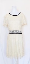 Pinky Lace Short Sleeve Contrast Dress Size Medium Ivory Black Trim