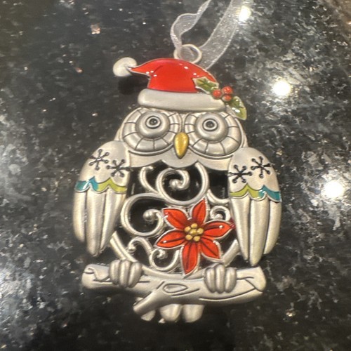 Pewter Owl In Santa Hat Christmas Tree Ornament 2.5" Poinsettia - Picture 8 of 9