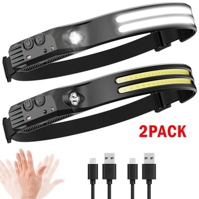2PCS Stirnlampe COB+LED Kopflampe USB 5-Modi Wiederaufladbar Bewegungssensor