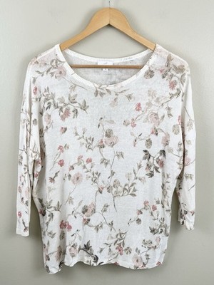 J. Jill Knit 3/4 Sleeve Linen Blend Ivory Floral Tunic Sweater Side Slits Medium
