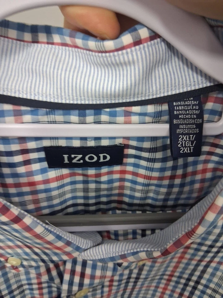 Nueva Camisa Izod Performance Comfort Oxford Para Hombres Manga Larga a Cuadros 2XLT Azul Rojo Foto 4 de 4