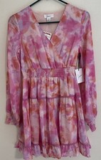 Japna pink water color tiered sheer long sleeve mini dress Juniors size S New