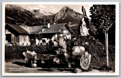 Dorfplatz Brunnen Fischen Germany Mountains Vintage Real Photo RPPC