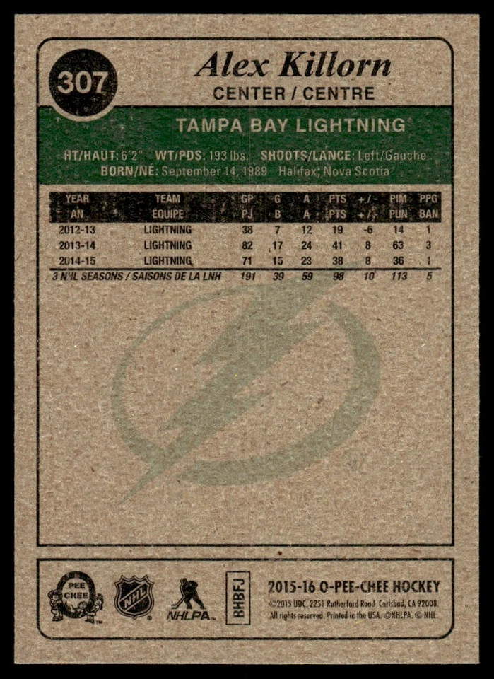 2015-16 O-Pee-Chee Retro Alex Killorn Tampa Bay Lightning #307 - Image 2 of 2