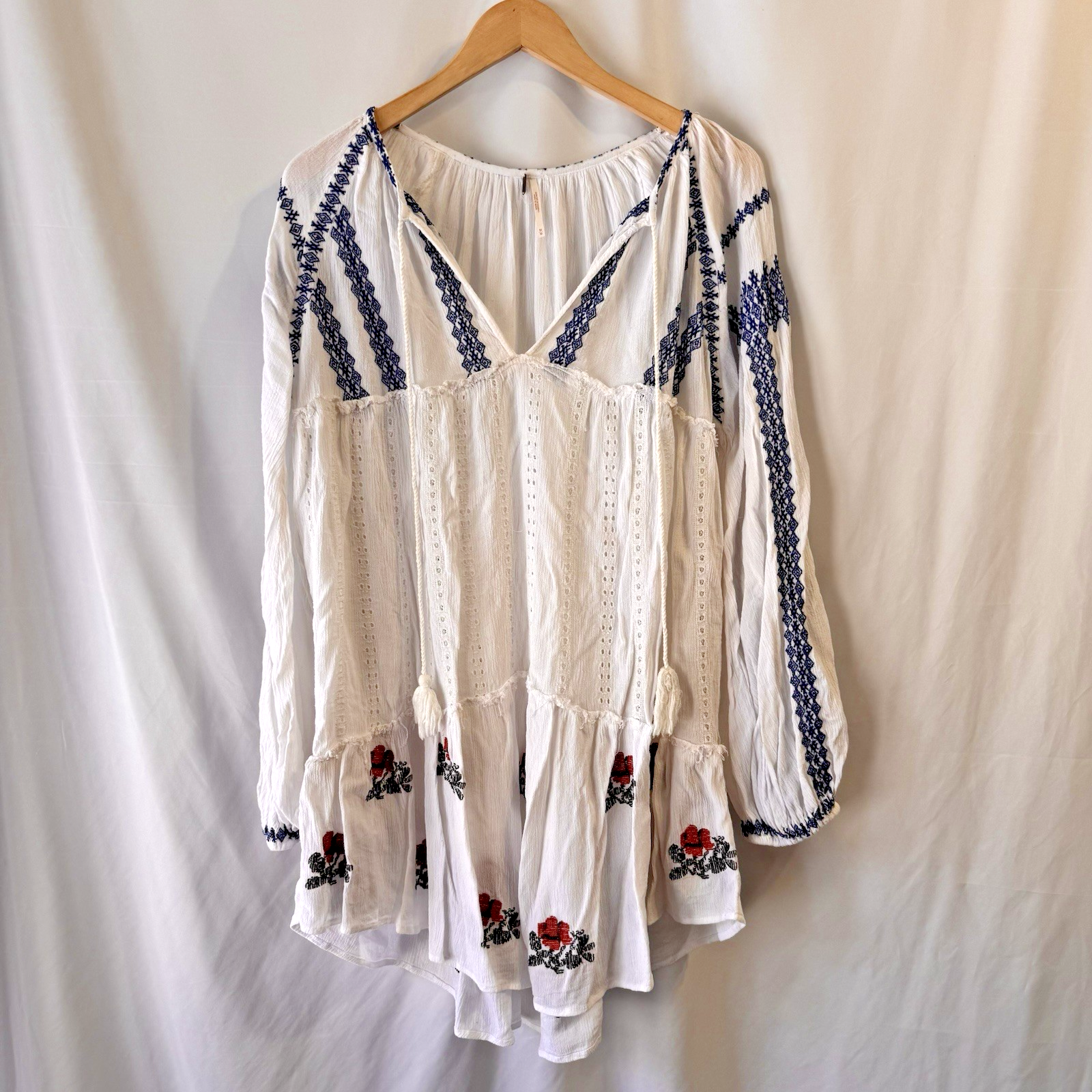 Free People Wild Horses Embroidered Mini Dress Ivory Large Boho Festival Peasant