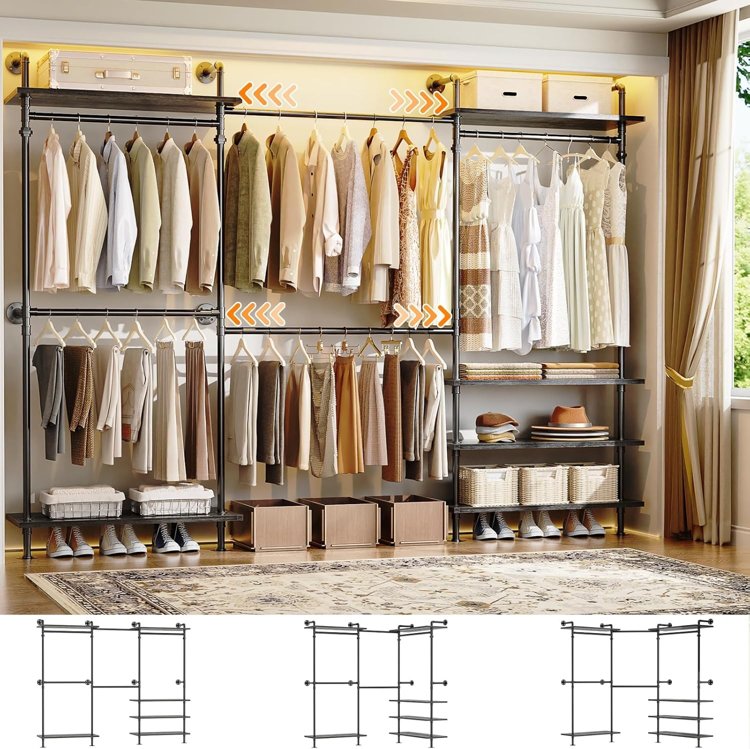 Garment Rack, Closet System with Wood Shelves for Hanging Clothes