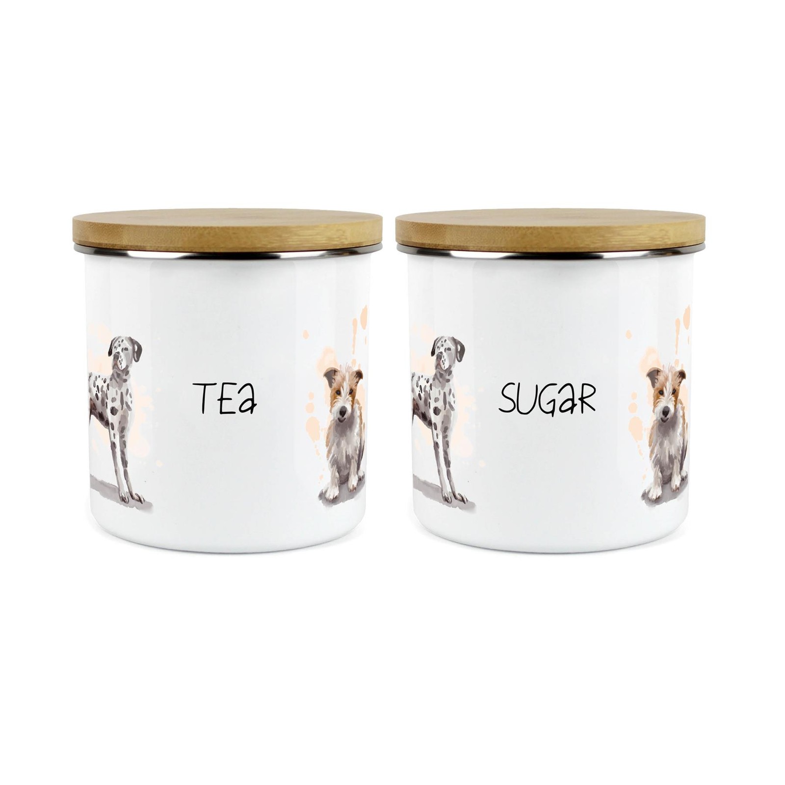 Tea & Sugar Storage Canister - 2x Dogs Kitchen Enamel Metal Storage Jar