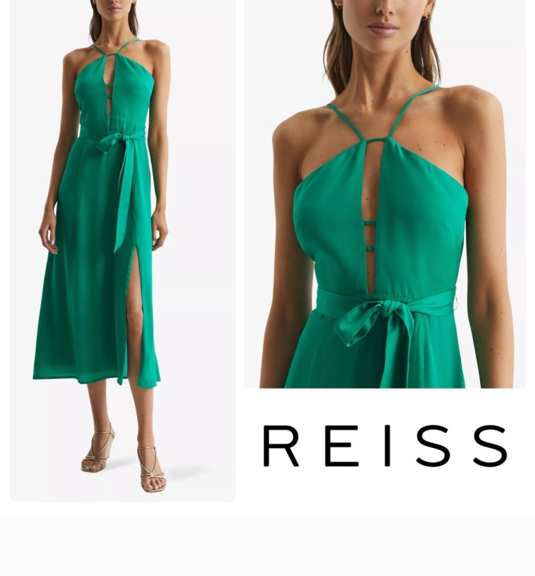 Vestido midi reiss Arianna halter cuello cinturón verde talla 4 nuevo (vestido sin cinturón)