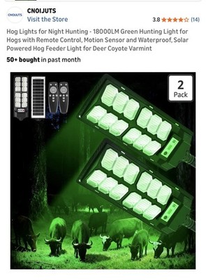 CNOIJUTS Green Hog Hunting Lights 2 Pack w/ Remote, Motion Sensor, Waterproof