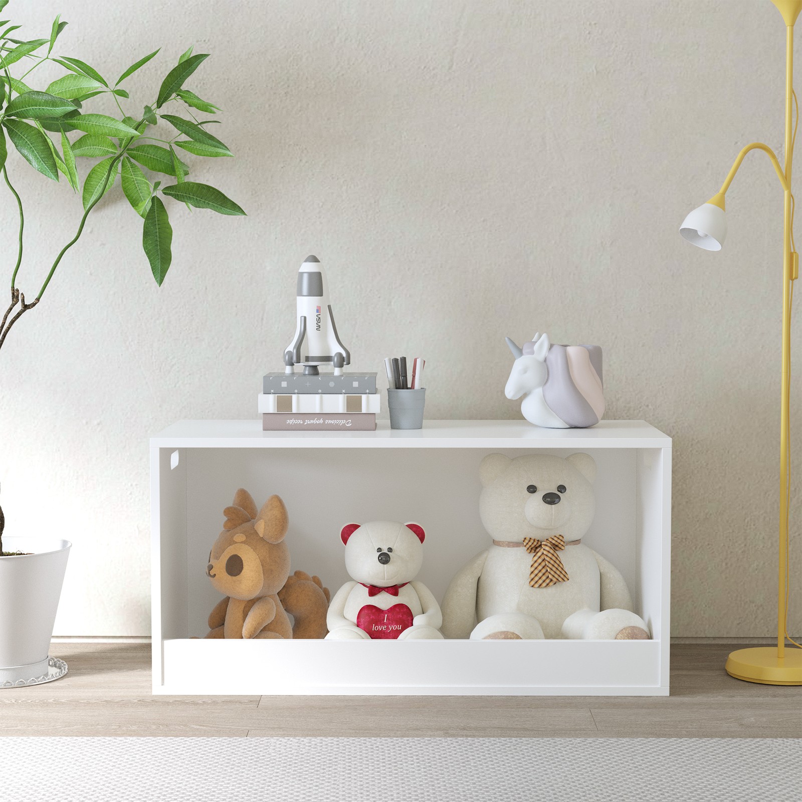Open Toy Storage Box for Kids, White Wooden Organizer Bin for Plush Toys, Books