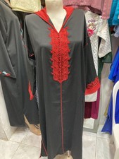 Elegant Moroccan Djellaba Black Red Embroidered Hooded Kaftan Maxi Dress size XL