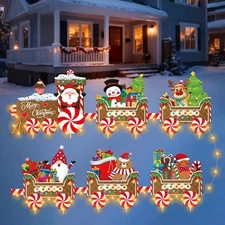 Christmas Decorations Santa Snowman Reindeer Train Yard Signs W/ LED Lights 6PCS