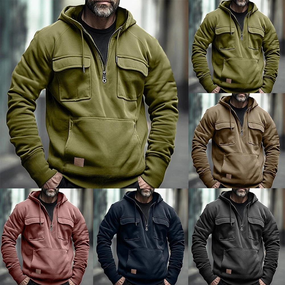 SACAI Felpa con cappuccio mezza zip uomo manica lunga sportiva con pratica tasca