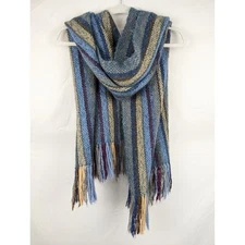 Wool Hand Woven Loomed Chunky Striped Scarf Blue Green Cottagecore Chunky Boho