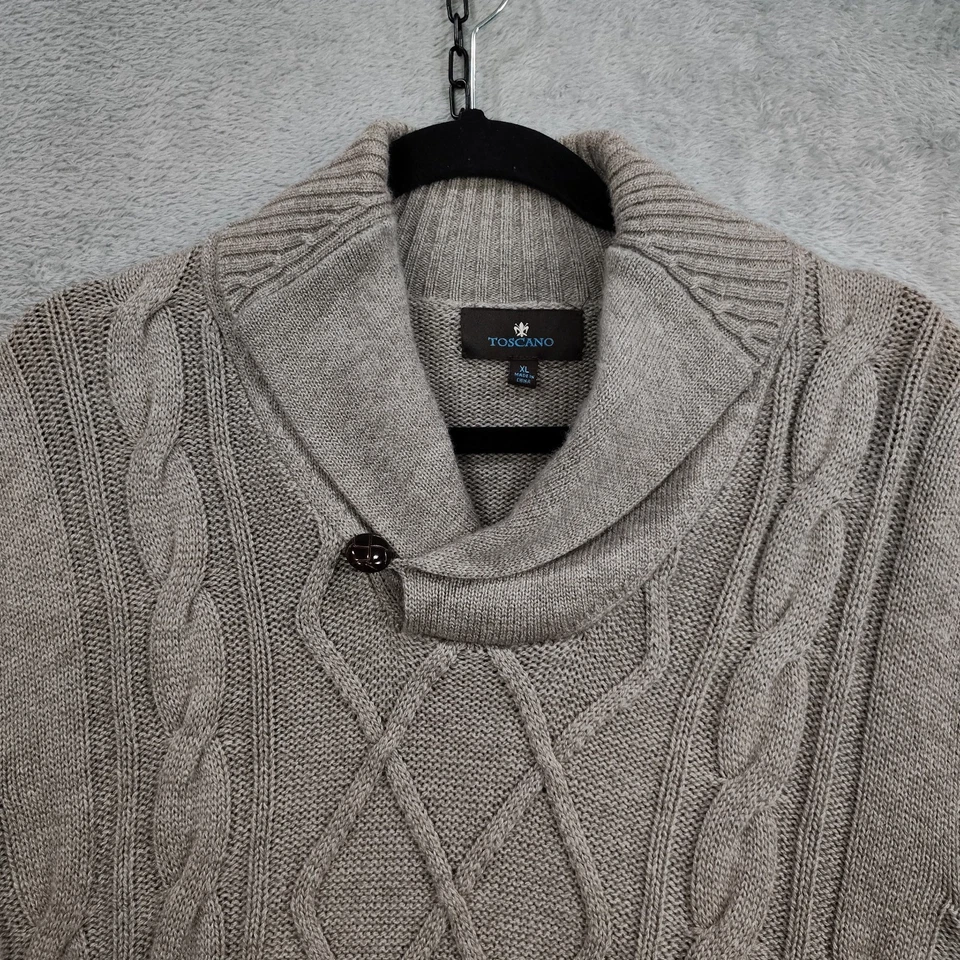 Toscano 男式电缆针织毛衣 XL 美利奴羊毛混纺披肩 渔夫 爷爷 — 第 3/4 张图片