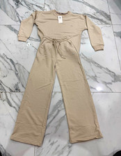 Alo Women's 2-Piece Beige Fleece Sweatshirt Wide-Leg Drawstring Pants M