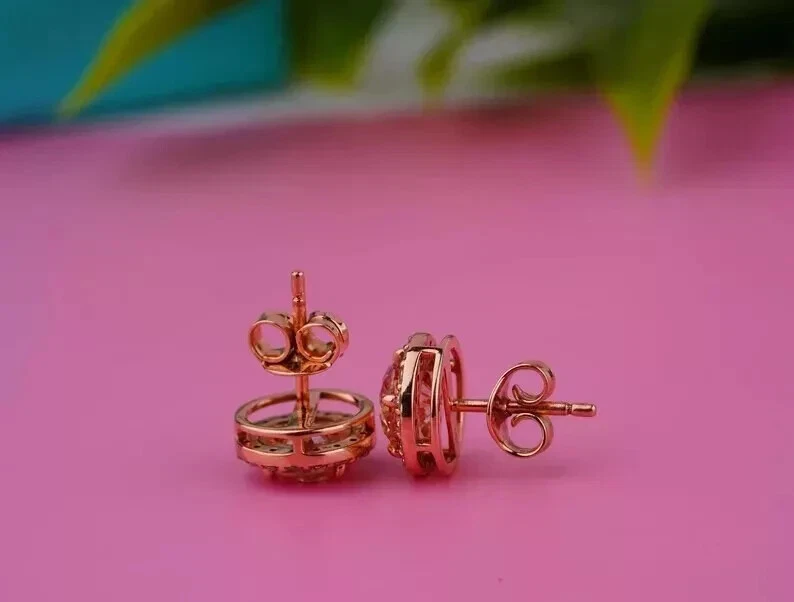 2Ct Round Cut Lab Created Pink Sapphire Halo Stud Earrings 14K Rose Gold Plated - Image 3 of 4