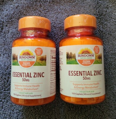 2) Sundown Non-GMO Essential Zinc Caplets 50 MG Energy Support 100 CT Exp 6/25