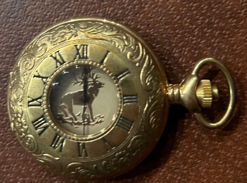 Vintage Majestron Quartz Pocket Watch Elk Hunting Goldtone Needs
