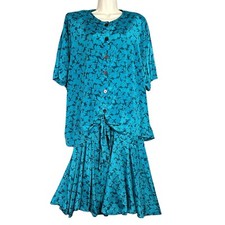 Vintage 80s 90s Floral 2 Piece Set Teal Blouse Skirt Womens 16 Cottagecore Retro