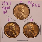 1951 P D S LINCOLN WHEAT CENT PENNY 1C GEM RED BU SET (3 COINS) 51731