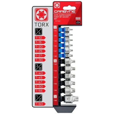 CARBYNE 12 Piece Super Short Torx Bit Socket Set, T-10 to T-60 | S2 Steel