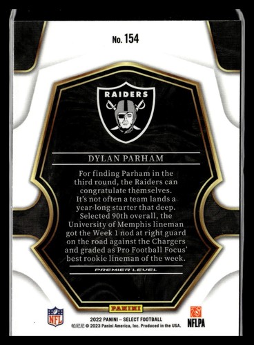 2022 Select Premier Level Rookie RC #154 Dylan Parham Las Vegas Raiders - Picture 2 of 2