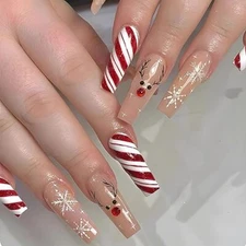  Christmas Press on Nails Long Coffin Fake Nails Red White Ballerina 0261Red