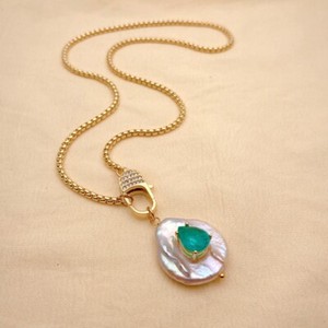Authentic Cultured White Coin Pearl Green Quartz Pendant Gold Plated Chain Necklace