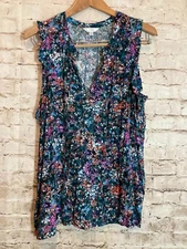 Time And Tru Top Womens XL Dark Romantic Micro Floral Popover Ruffle Trim Flowy