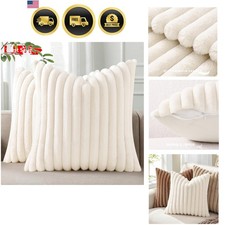 Faux Fur Plush Throw Pillow Covers 18x18 Set of 2, Luxury Soft Fluffy Striped...