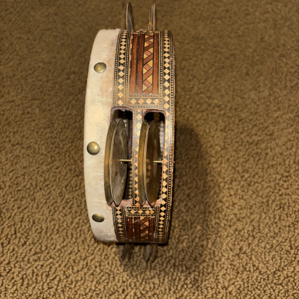 WOODEN EGYPTIAN TAMBOURINE/RIK WITH Inlaid Veneer & BRASS CYMBALS 8” Diameter - Image 4 of 4
