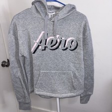 Aeropostale Fleece Pull Over Crop Hoodie Sweatshirt Small Gray Blk/Blush NWOT