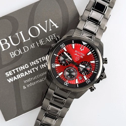 Bulova Men’s Chronograph Marine Star 43mm Red Dial Stainless Quartz Watch 98B350 image 3