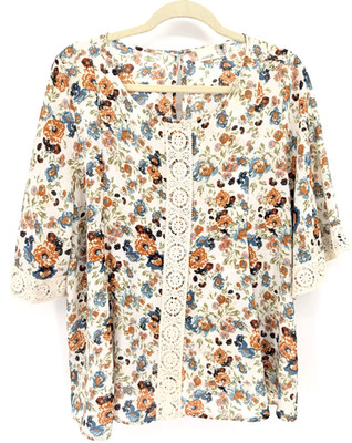 EVERLEIGH Multicolor Floral Embroidered 3/4 Sleeve Boho Top XL Cottagecore