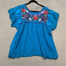 Oaxaca Top Womens XL Blue Floral Embroidered Mexico Fiesta Handmade Colorful