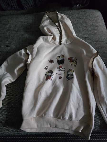 Women’s Apricot Pullover Hoodie Fleece Cotton Embroidered Cat Graphic Size S