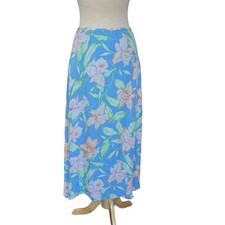 Lauren Ralph Lauren 100 Silk Maxi Skirt Size 10 Blue Floral Print