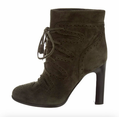 HERMÈS Women s Green Suede Lace-Up Ankle Boots Perforated Block Heel 6.5M