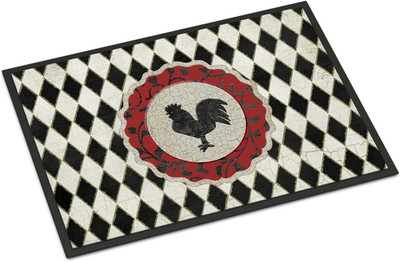 SB3086JMAT Rooster Harlequin Black and White Doormat 24X36 Front Door Mat Indoor