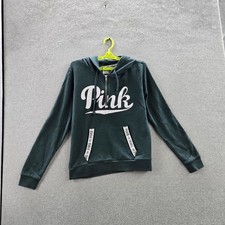 PINK Victoria's Secret Women Hoodie L Green Fleece Logo Text Graphic Campus