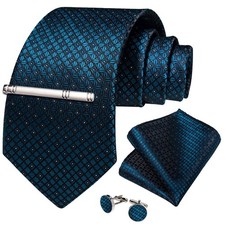 Navy Blue Plaids Necktie Mens Tie Hankie Cufflinks Tie Pin Set Gift Event