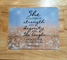 Mouse Pad Christian Bible Verse Proverbs 31:25 Blue Tan Brown Sky Beach