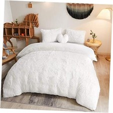 Luxury Shaggy Plush Duvet Cover Set, Soft 3 Pieces Fluffy Faux Fur Queen White