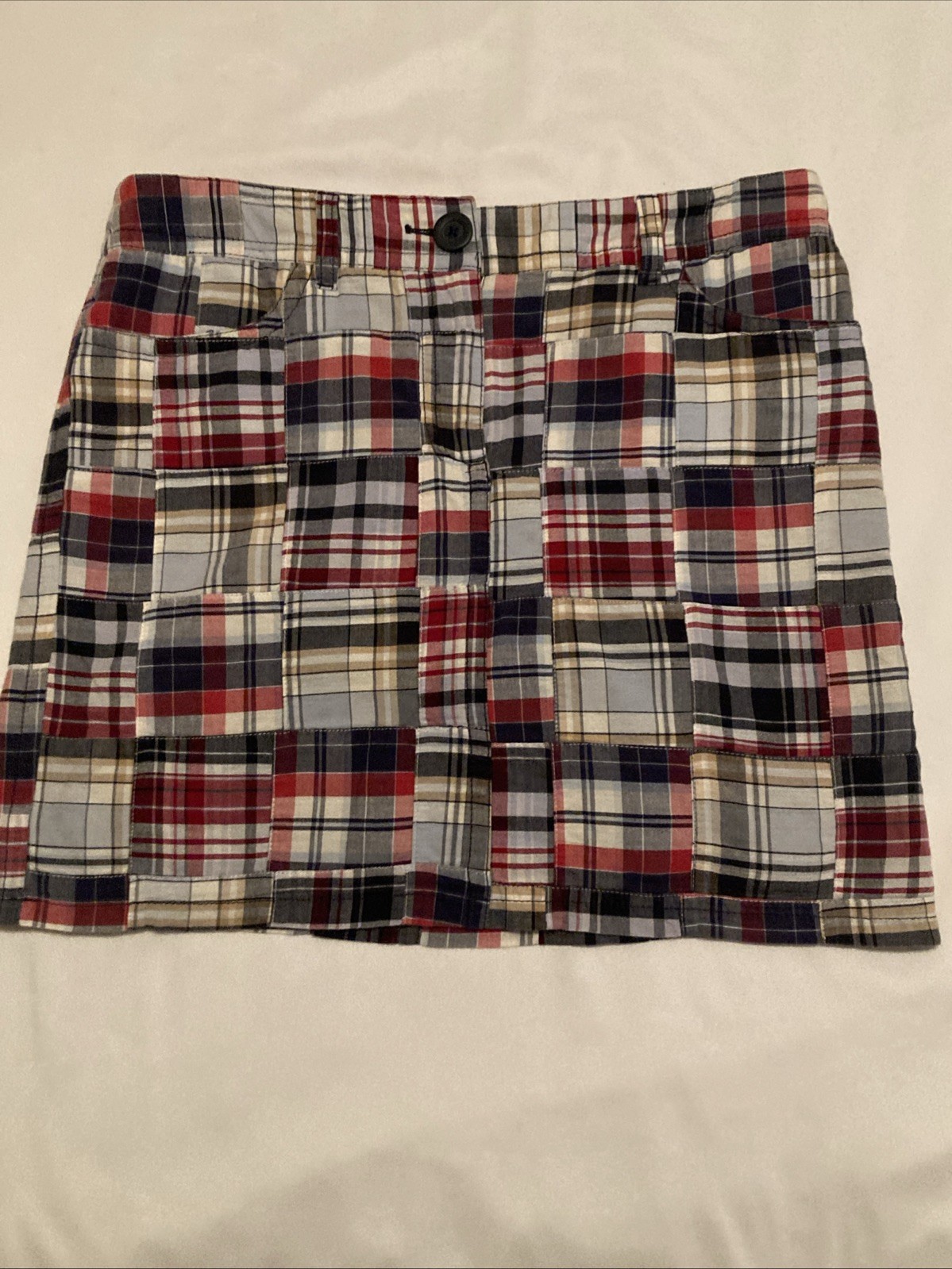 Ann Taylor Loft Mini Skirt Women's 6 Red Blue Tan White Plaid Patches Americana
