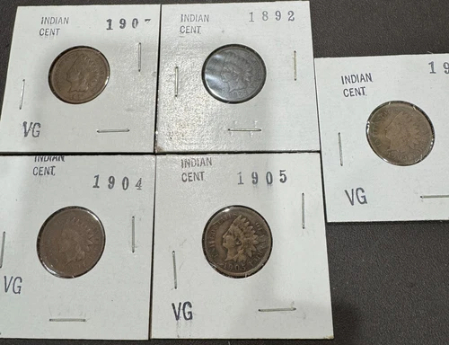 LOT OF 5 Indian Head Cent Pennies in VG CONDITION   DATES FROM 1885 TO 1908